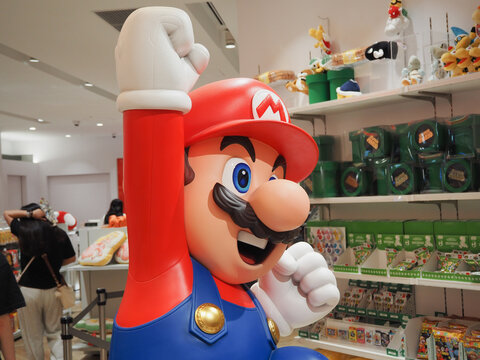 TOKYO, JAPAN - September 22, 2023: Detail of a model of Mario inside the Nintendo Tokyo store in Parco Department Store in Shibuya.