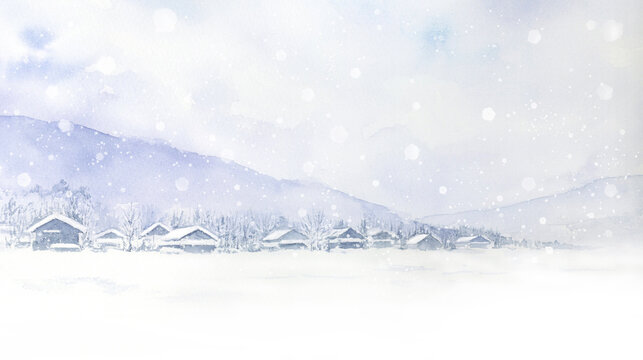 田舎の集落の雪景色　水彩画