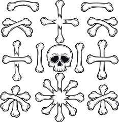 Stylized set of skeleton bones and skull. Tattoo, Halloween design and decor element. Highly detailed and accurate lines for print or engraving