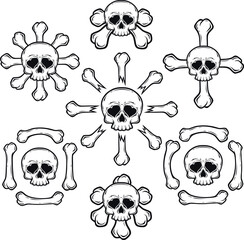 Stylized set of skeleton bones with skull. Tattoo, Halloween design and decor element. Highly detailed and accurate lines for print or engraving