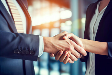 Businessman and woman shaking hands at office meeting closeup businessman and woman handshake friendly welcome introduction and greeting between two business partners welcoming handshake gesture