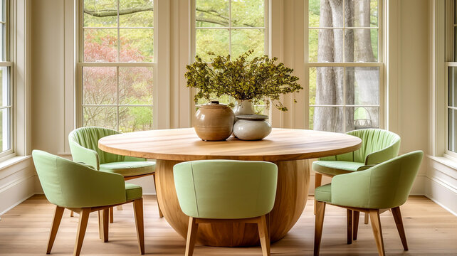 Country house dining room with round designer hardwood table green bucket style chairs hardwood oak flooring sash windows forest view minimalist interior room design