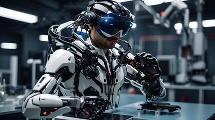 工場の生産ラインでロボットアームを制御するためにVRメガネを使用している エンジニア｜An engineer uses VR glasses to control a robot arm on a factory production line. Generative AI - obrazy, fototapety, plakaty