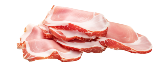 Raw smoked bacon isolated on transparent background. Streaky brisket slices, fresh thin sliced bacon on white background