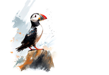 Image of beautiful watercolor painting of puffin bird., Birds, Wildlife Animals, Illustration, Generative AI. - obrazy, fototapety, plakaty