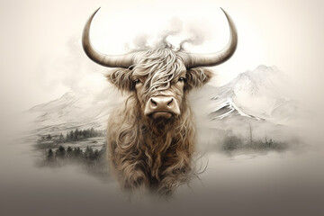 Image of abstract fantasy of highlander cow scotland, Wildlife Animals, Illustration, Generative AI.