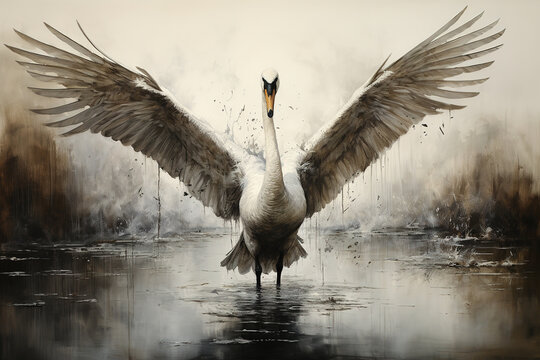 Image of white swan spreading its wings. Birds, Wildlife Animals, Illustration, Generative AI.