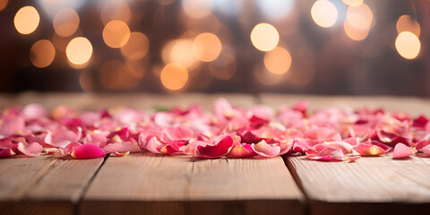 Table wood top with Rose petals on blur bokeh background Wooden Table Decorated with Pink Roses Love Message on a Rose-Petal Table Generative AI - obrazy, fototapety, plakaty