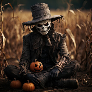A scary garden scarecrow sits with a Halloween pumpkin in a corn field. Halloween concept design. AI generated