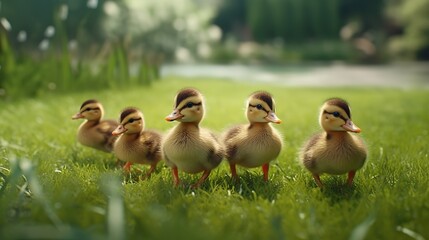 country goose and ducklings - obrazy, fototapety, plakaty