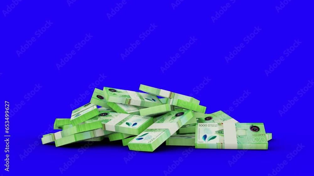 Poster 3d rendering of stacks of nicaraguan córdoba notes falling on blue screen floor. you can key out or 