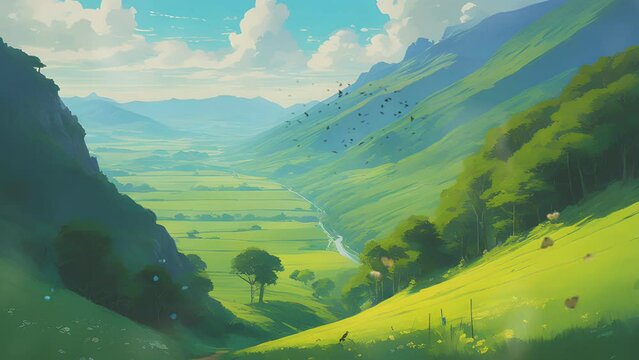 Panorama of landscape with mountains, meadow, valley and blue sky. Cartoon or anime illustration watercolor painting style. seamless looping 4K time-lapse video animation background.