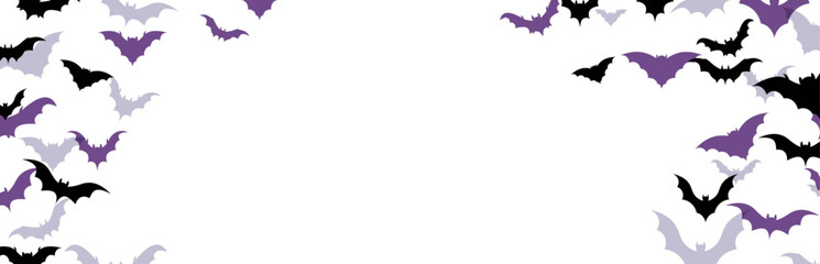 Halloween decoration banner, black and purple bats flying over white background.