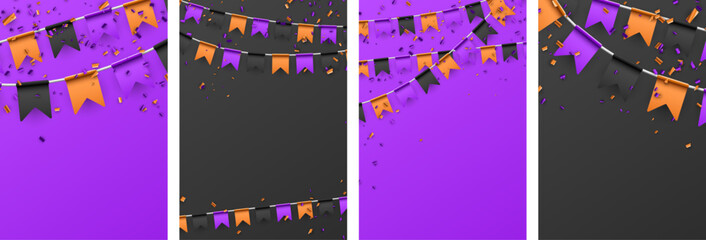 Set of Halloween black, purple and orange flag garland.