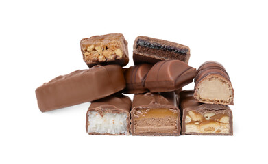 Pieces of different tasty chocolate bars on white background