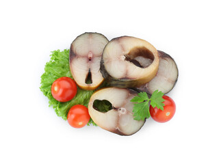 Slices of tasty smoked mackerel with tomatoes and lettuce on white background, top view