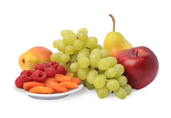 Delicious ripe fruits, raspberries and dried apricots isolated on white
