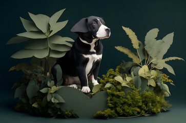 dog in a cricular podium with plants, dark background, paper art style