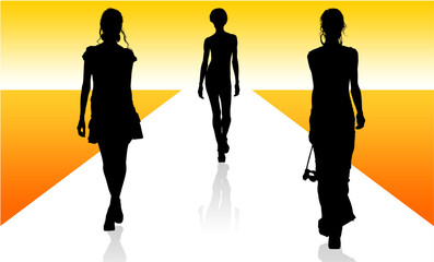 pasrela, silueta, vector, moda, modelos