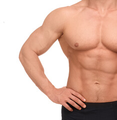 Fototapeta na wymiar Muscular man showing abs isolated on white, closeup. Sexy body