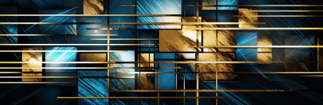 Abstract gold and blue background for design with lines and squares, 3d effect, Web banner, Wide, Panoramic, Texture, Geometric shape, Business