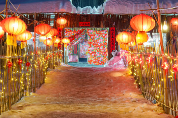 Chinese rural houses are hung with lanterns, Chinese rural New Year