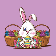 Easter Bunny and Easter eggs cute vector illustration. Rabbit and easter eggs mascot vector illustration