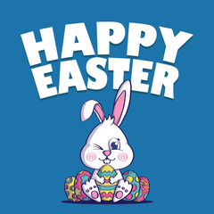 Happy Easter greeting card with Cute Easter Bunny holding Easter egg Cartoon illustration. Rabbit illustration