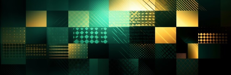 Abstract green and gold background for design with lines and squares, 3d effect, Web banner, Wide, Panoramic, Texture, Geometric shape, Business
