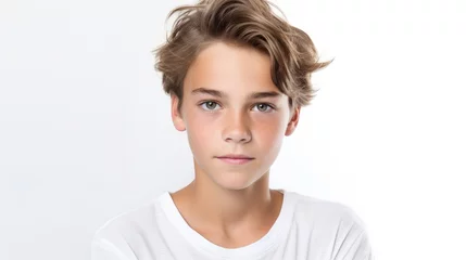 Foto op Plexiglas photo portrait of a handsome young caucasian white American model teen boy looking forward. child ad with copy space, cute, kids, children © pinkrabbit