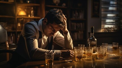 Depressed young man addicted feeling bad drinking whiskey alone at home, stressed frustrated lonely drinking alcohol suffers from problematic liquor, alcoholism, life and family problems. - obrazy, fototapety, plakaty