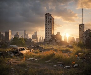 After an apocalyptic event, a photorealistic scene captures a desolate cityscape of crumbling skyscrapers bathed in the soft. trees and wildflowers bloom andamid the rubble. The style is photorealisti - obrazy, fototapety, plakaty