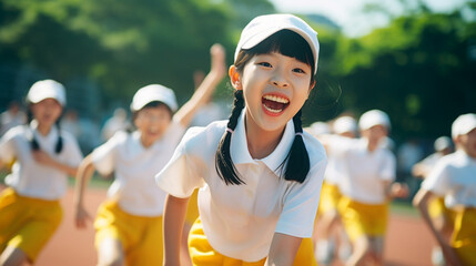 Obraz premium 運動会で楽しそうに走ったり踊る子どもたち