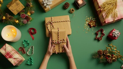 Creative zero waste Christmas concept 4K overhead shot on RED camera. Wrapping gift boxes in handmade eco friendly craft paper with candy cane rope. Seasonal sale, holiday offer, New Year shopping 4K