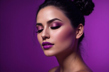 A Beautiful Woman with Brown Hair and Purple Makeup On A Purple Background