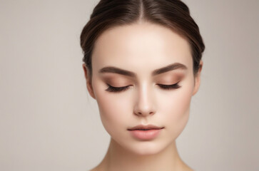 Fototapeta premium A Beautiful Woman with Brown Hair On A Tan Background