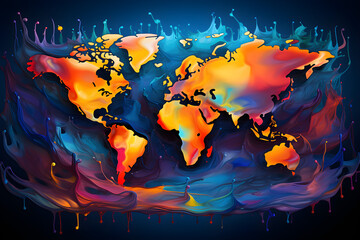 colourful map of the world with abstract paint splash