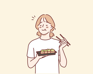 The woman eats fried tofu rice balls. Hand drawn style vector design illustrations.