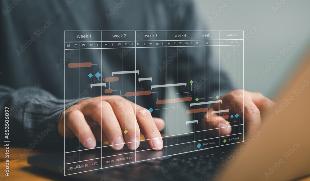 Poster analyst working with computer in business analytics and data management system to make report with k