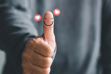 businessman thumb up showing happy smile face and red heart emotion, good satisfaction feedback rating, think positive, customer review, assessment, good mood, world mental health day, Compliment Day - obrazy, fototapety, plakaty