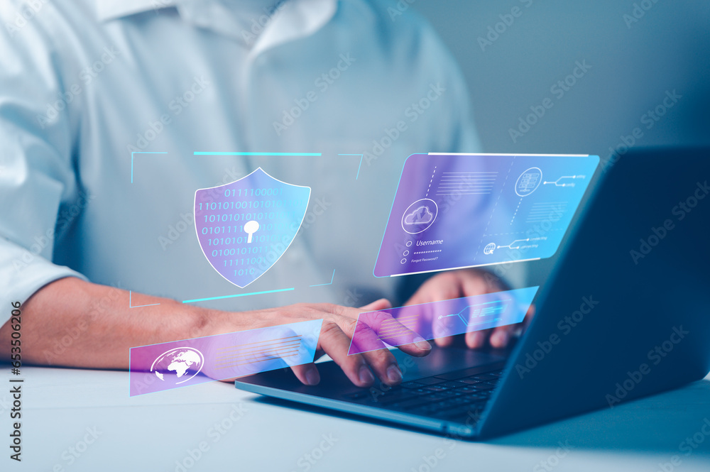 Poster user authentication system with username and password, cybersecurity concept, information security a