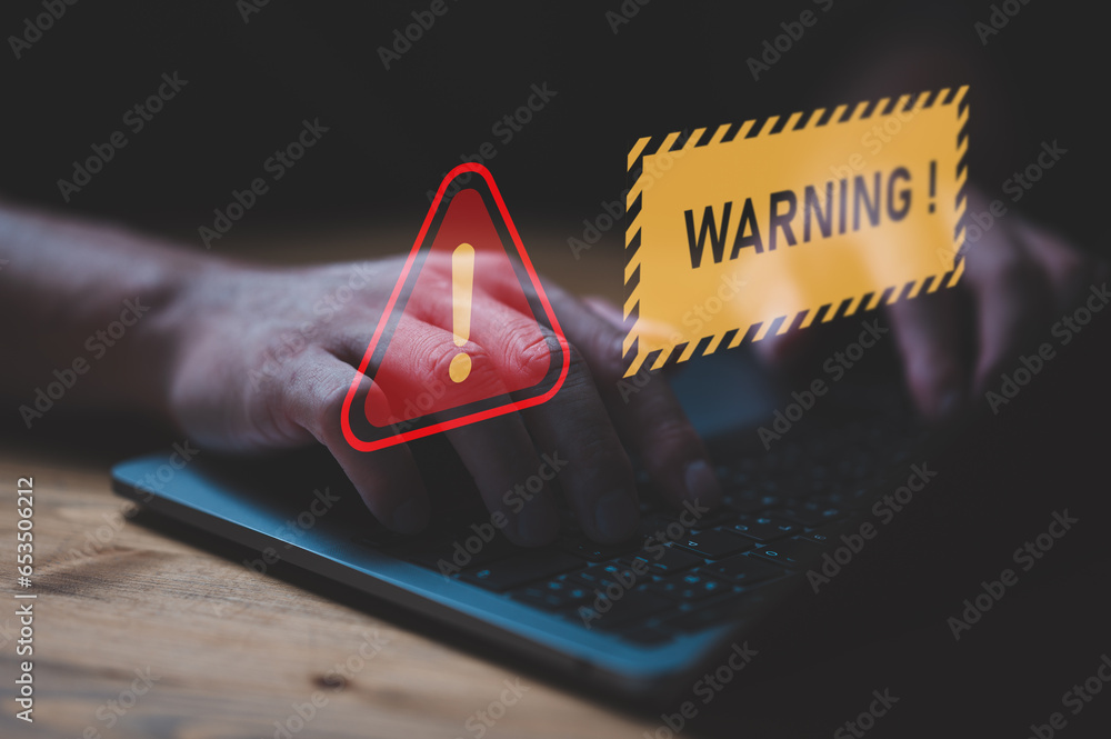 Poster system warning hacked alert, cyber attack on computer network. cybersecurity vulnerability, data bre
