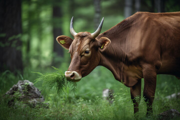 Naklejka na ściany i meble cow in green forest