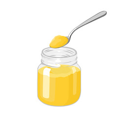 Vector illustration, ghee on a spoon, and in a glass jar, isolated on white background.