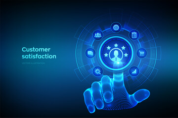 Customer satisfaction. Customer survey and feedback analytics. Using AI and automation technology in marketing for customer service. Wireframe hand touching digital interface. Vector illustration.