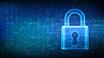 Lock. Cyber security. Padlock with keyhole icon made with binary code. Protect and Security or Safe concept. Information privacy. Digital code matrix background with digits 1.0. Vector Illustration.