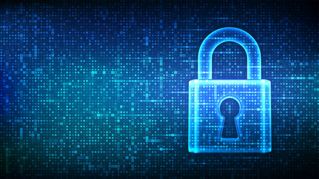 Lock. Cyber security. Padlock with keyhole icon made with binary code. Protect and Security or Safe concept. Information privacy. Digital code matrix background with digits 1.0. Vector Illustration.