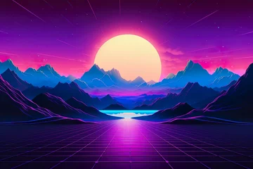 Küchenrückwand glas motiv Landscape with mountains, Trendy neon synth wave background with sunset sky, road and mountains, retro abstract background. Retro wave scene   Generative AI © Kay