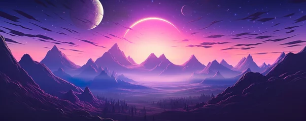Selbstklebende Fototapeten Landscape with mountains, Trendy neon synth wave background with sunset sky, road and mountains, retro abstract background. Retro wave scene   Generative AI © Kay