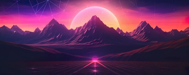 Landscape with mountains, Trendy neon synth wave background with sunset sky, road and mountains, retro abstract background. Retro wave scene   Generative AI